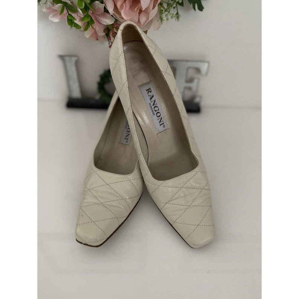 Rangoni Firenze Leather Block Heel Pumps 7B Off White Stitched Slip On Italy EUC - Picture 8 of 12